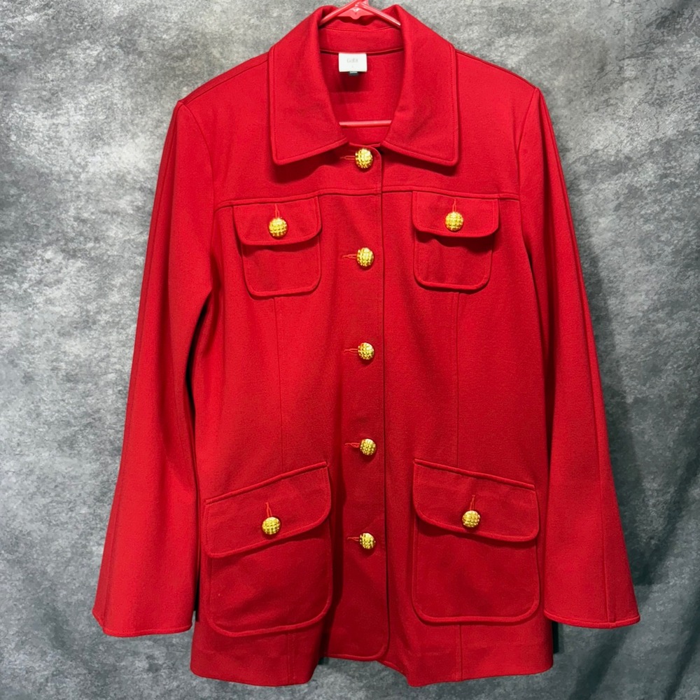 Cabi Broadcast Blazer Jacket Size L Red Gold Buttons Ponte Knit Military #6671